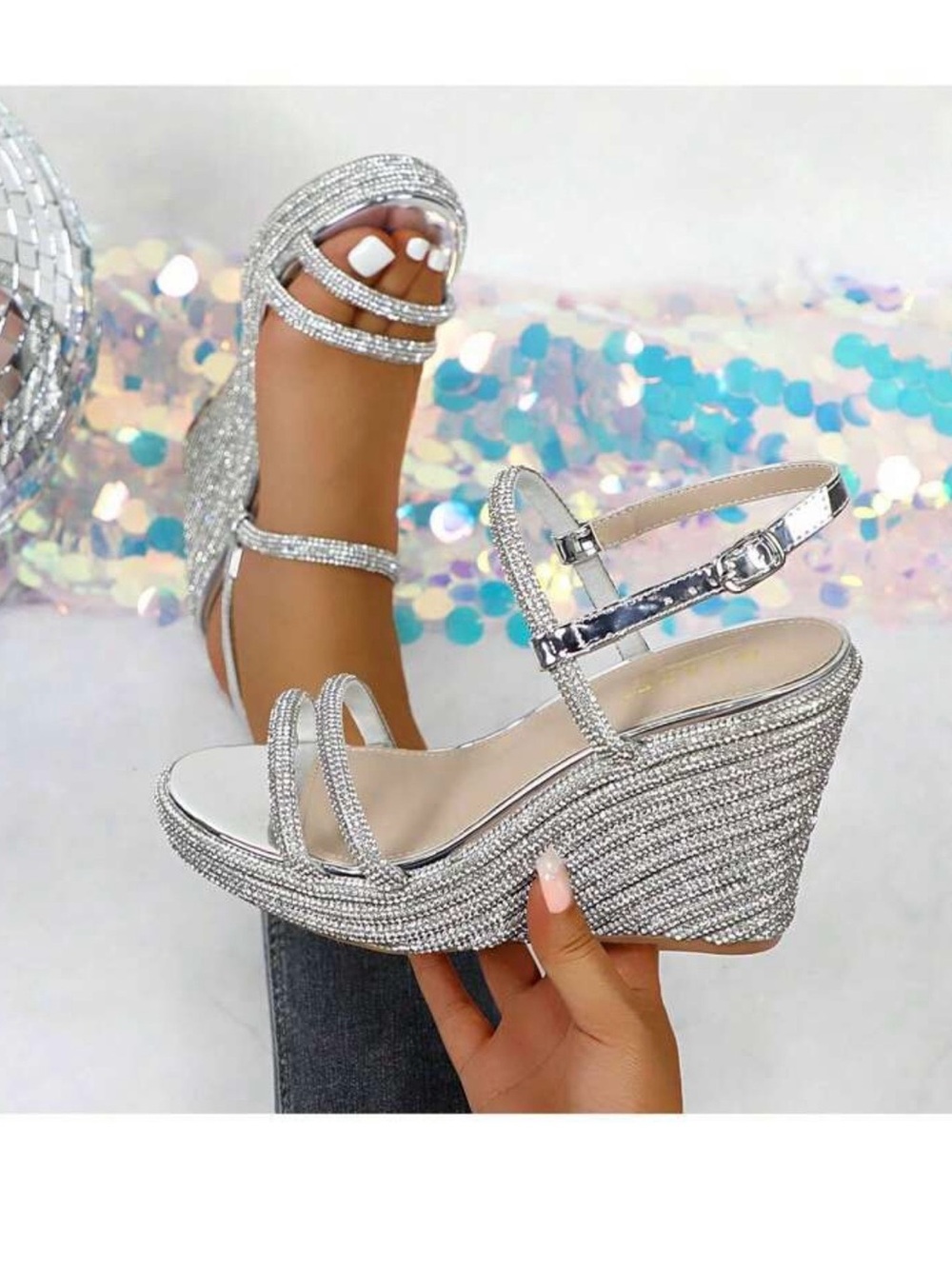 Glaze Silver Rhinestone Wedge Sandals - Picture 6 of 7